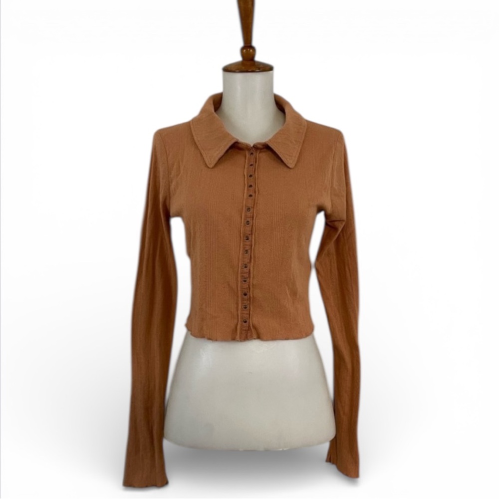Free People Button-Up Crop‎ Top Women’s S Pointelle Collared Long Sleeve